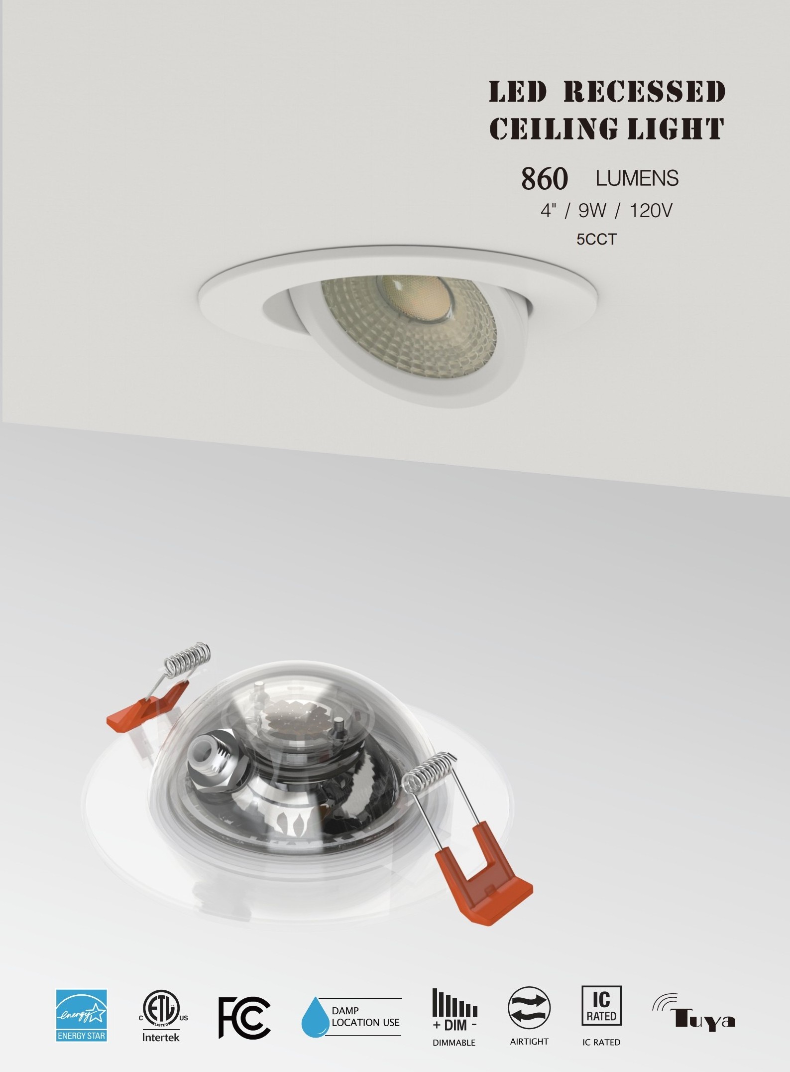 ETL CE SAA 4inch 9W Triac Dimmable  Gimbal LED Recessed Ceiling Light