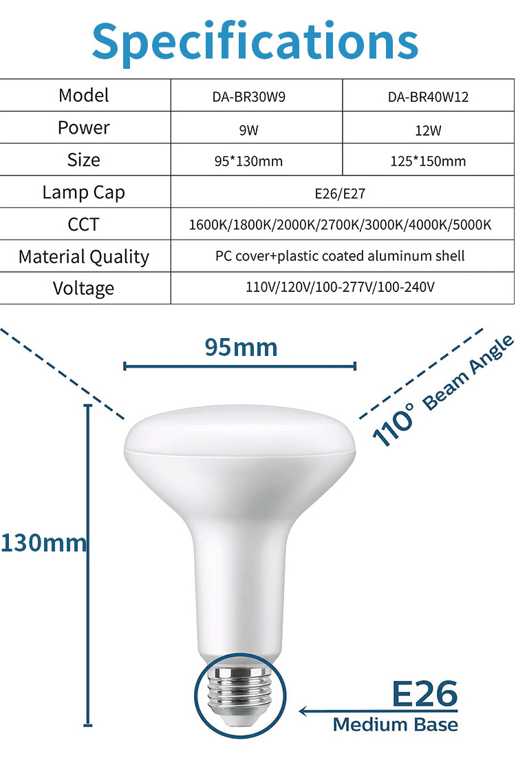 manufacture BR30 BR40 LED bulb E26 dimmable bulb led light 3000k/4000k/5000k/6500k light grow light