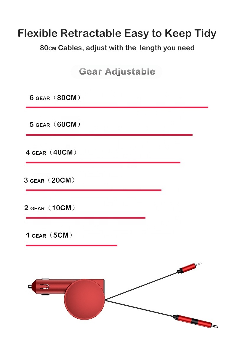 LED Display Super Fast Charging Android Type C 60W 20W 3 in 1 Retractable Dual usb Car Adapter Charger