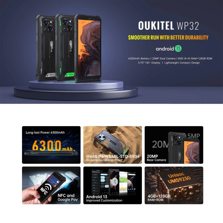 Wholesale Cheap Price Oukitel WP32 Rugged Smart phones 4GB+128GB 5.93 inch Android 13 NFC OTG 3G 4G mobile android smartphone