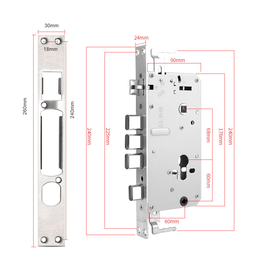 High Security Stainless Steel Intelligent Fingerprint Lock Body, Standard 6068 6052 Mortise for smart Door Lock