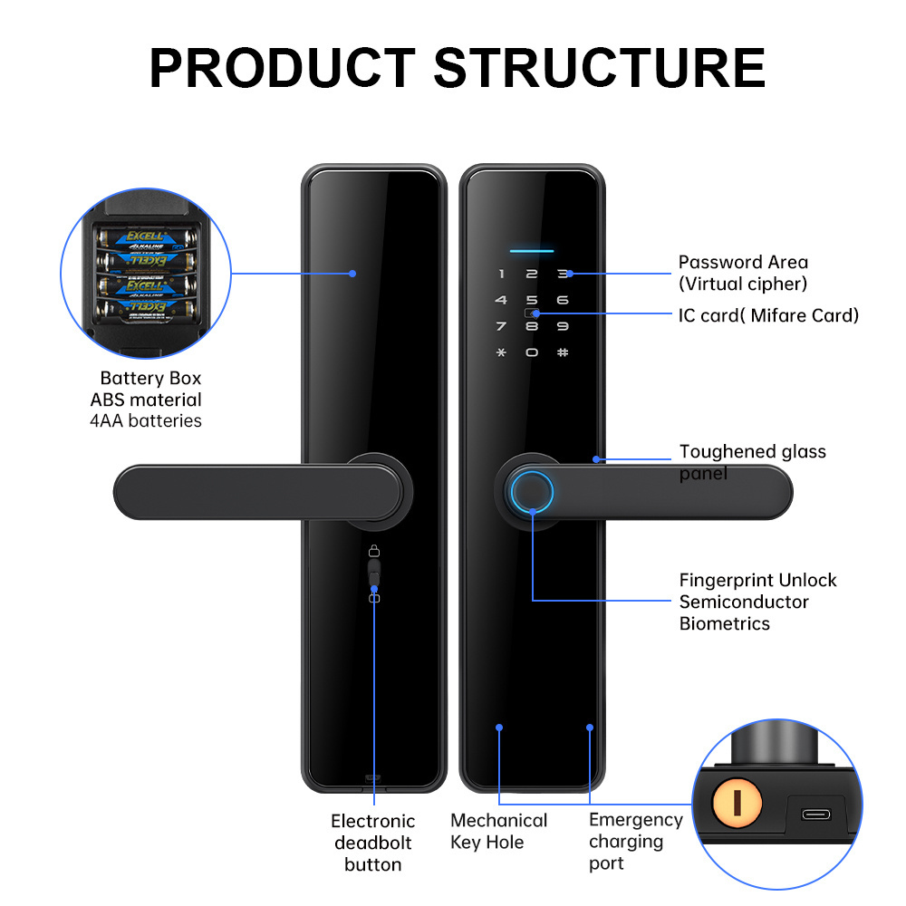 Safety Usb Port Lock X5 Model Smart Home Wifi Locks Smart Door Lock With Fingerprint Tuya App