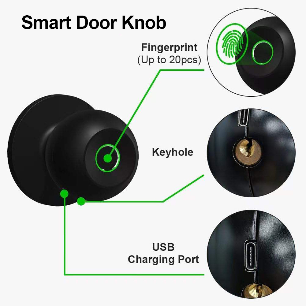 JEC Keyless Entry Security Door Bolt Brass Latch Smart Door Keys Knobs Handle Lock Fingerprint For Interior Wooden Doors