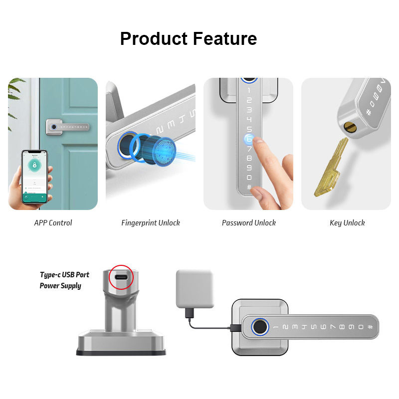 Tuya App Biometric Keyless Entry Door Handle Fingerprint Smart Door Lock for Home Apartments Office Hotel