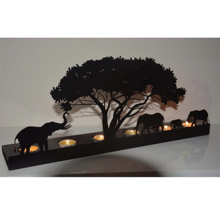 Custom Size Romantic Decorative Elephant And Tree Matte Metal Black Candlestick Animal Candle Holder