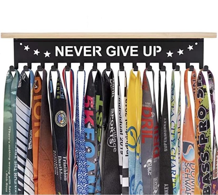 Never Give Up Medal Hanger with Wood Shelf Wall Mounted Games Trophy Medal Holder Display Hanger Rack Medal Hanger