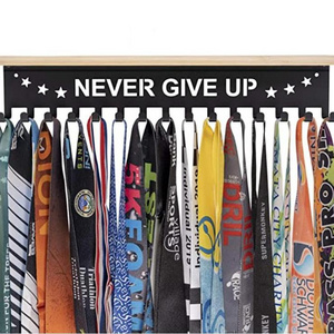 Never Give Up Medal Hanger with Wood Shelf Wall Mounted Games Trophy Medal Holder Display Hanger Rack Medal Hanger