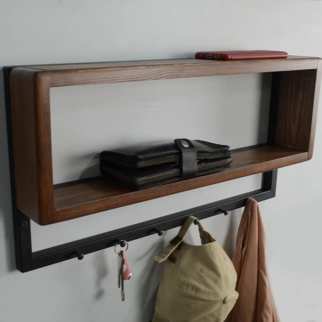 Metal wall mount coat rack with shelf Clothing hanger entryway shelf with hooks Wooden towel rail Wall Rack