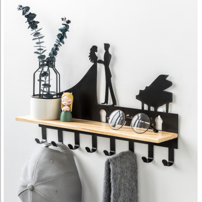 Wall hook with wall rack shelf Home decoration wall hanger Metal coat hook with wood rack