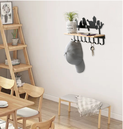 Wall hook with wall rack shelf Home decoration wall hanger Metal coat hook with wood rack