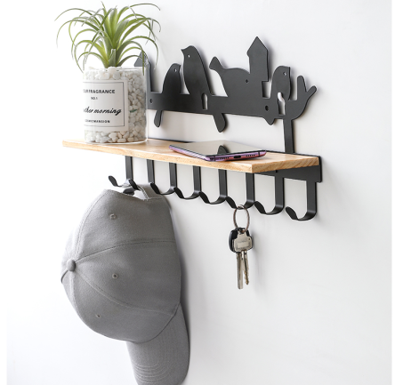 Wall hook with wall rack shelf Home decoration wall hanger Metal coat hook with wood rack