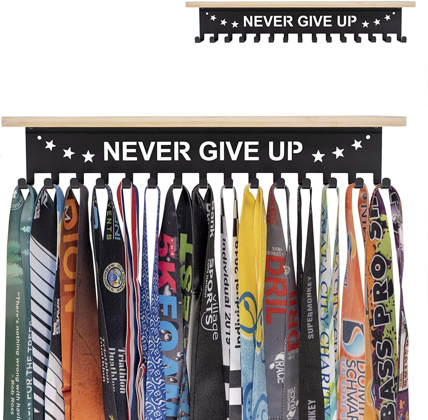 Never Give Up Medal Hanger with Wood Shelf Wall Mounted Games Trophy Medal Holder Display Hanger Rack Medal Hanger