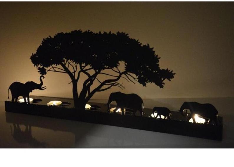 Custom Size Romantic Decorative Elephant And Tree Matte Metal Black Candlestick Animal Candle Holder