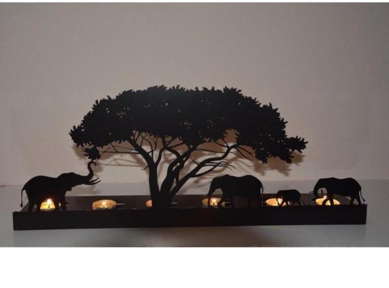 Custom Size Romantic Decorative Elephant And Tree Matte Metal Black Candlestick Animal Candle Holder