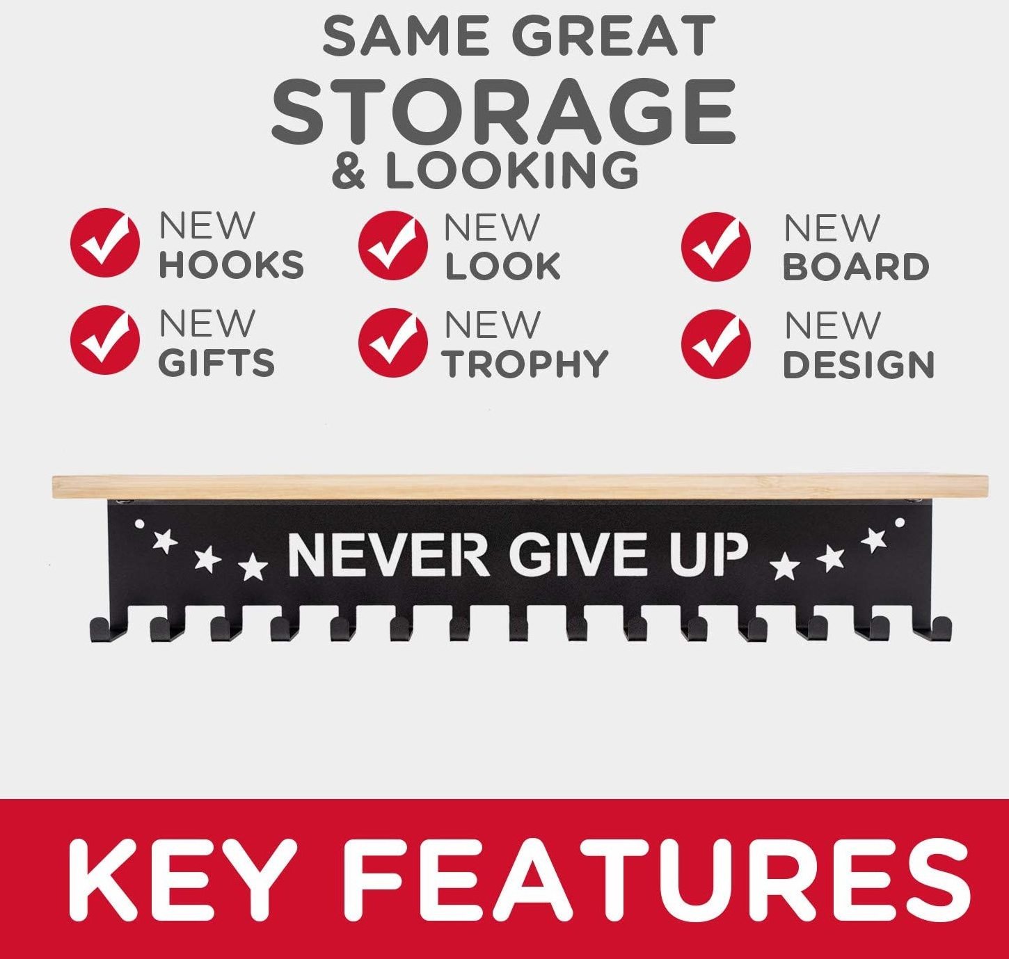 Never Give Up Medal Hanger with Wood Shelf Wall Mounted Games Trophy Medal Holder Display Hanger Rack Medal Hanger