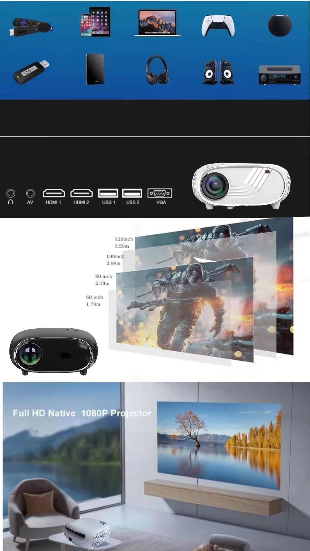 Upgrade Auto Focus 1080P High Brightness Projector Full HD LCD Video Mini Portable Smart Home Theater Projetor