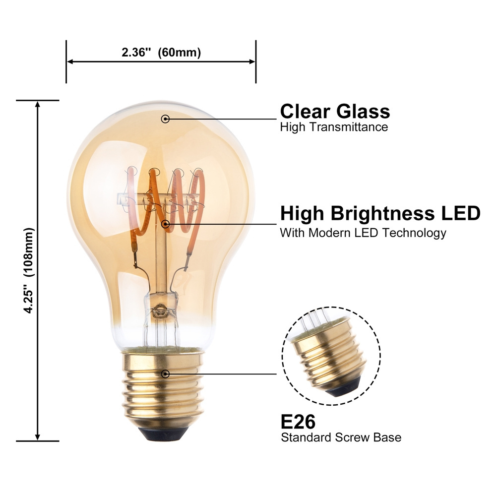 120v 220v China Good Selling 4W Clear Amber Glass B22d E26 E27 Soft A60 A19 T-spiral LED Flexible Filament