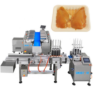 Semi Automatic Frozen Food Chicken Meat Tray Packaging Machine With Linear Belt Combination Weigher