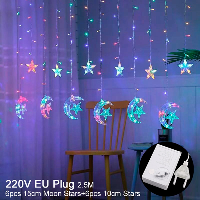 Eid Decoration Lights Christmas Fairy Led Moon Star Curtain Light 220V 110V Plug In For Indoor and interior decoration light