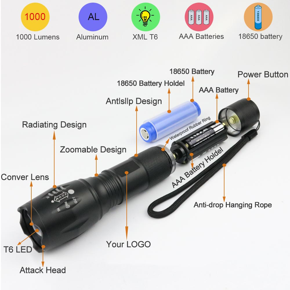 Hand LED flash torch light Outdoor XML T6 Waterproof LED Zoomable Camping Flashlight For Bike