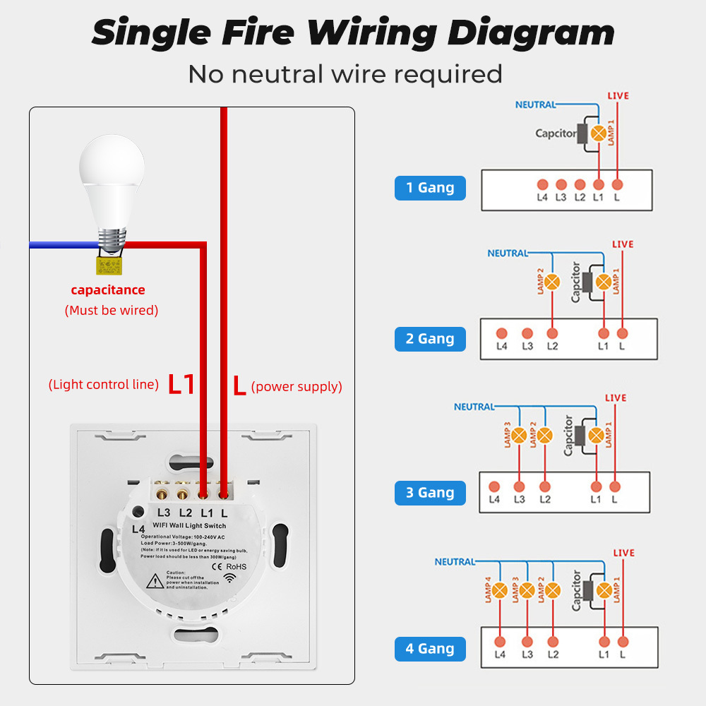 SMATRUL Tuya WiFi Smart Touch Switch Light Without No Neutral Wire Glass Wall EU 1/2/3/4 Gang For Alexa Google Home