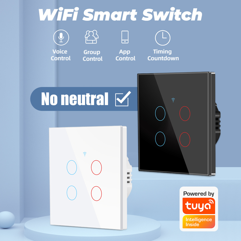 SMATRUL Tuya WiFi Smart Touch Switch Light Without No Neutral Wire Glass Wall EU 1/2/3/4 Gang For Alexa Google Home