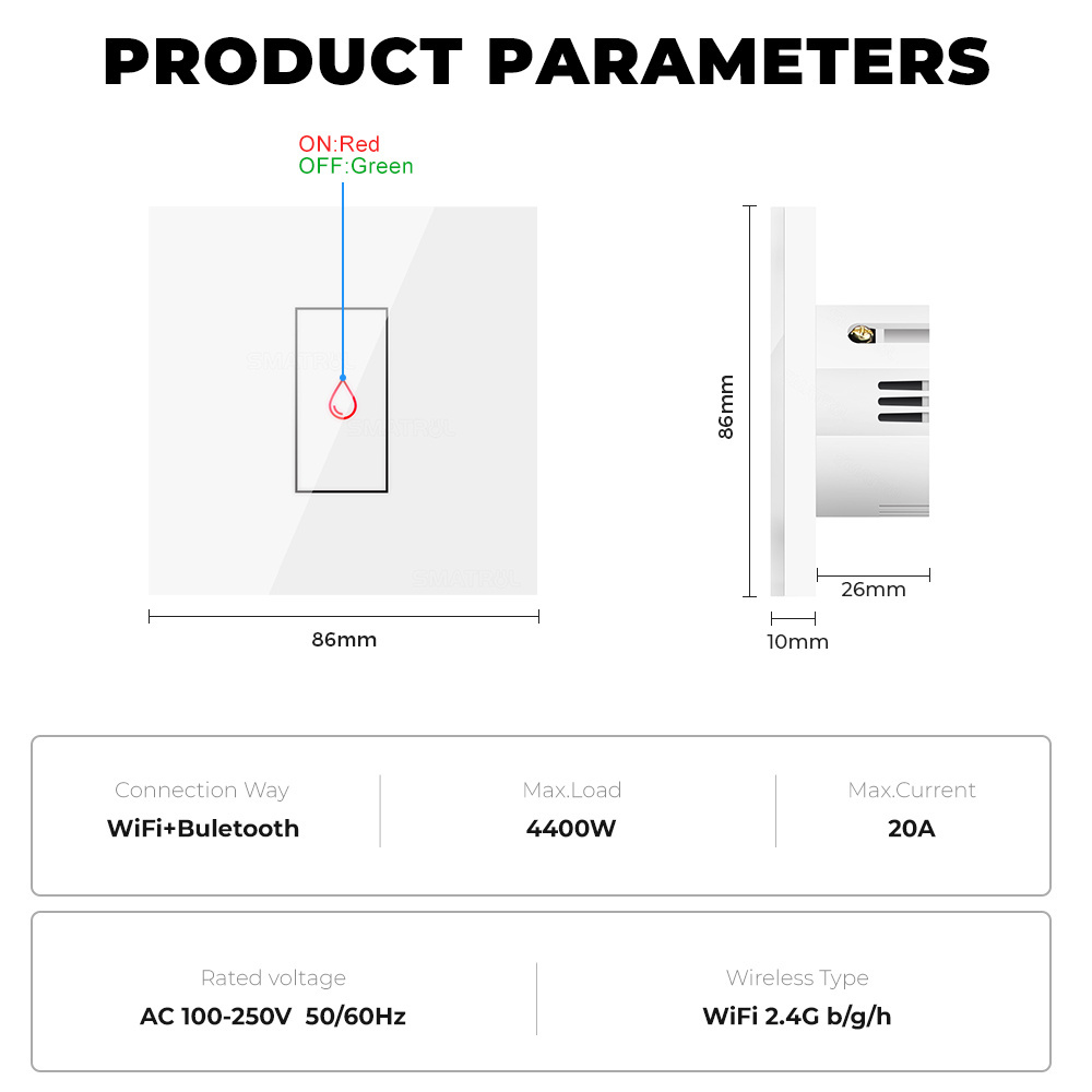 SMATRUL Switch For Alexa Google Home 20A EU Power Monitor Tuya Smart Wifi Water Heater Boiler Air Conditioner Switch