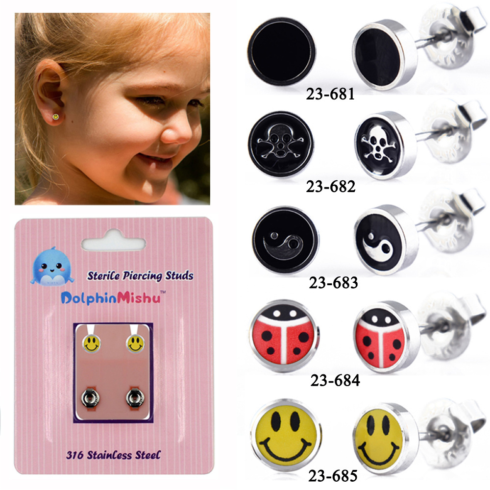 Wholesale Dolphin Mishu Medical 316L Steel Ear Stud Sterile Piercing Package Smile Ladybug Jewelry Prevent Allergy