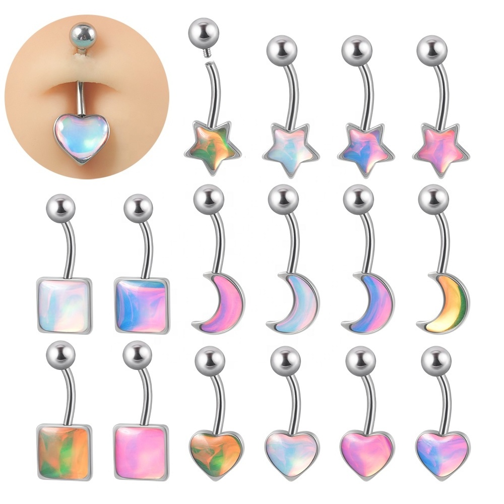 Surgical Steel Epoxy Flash Film Belly Piercing Square Star Heart Moon Glitter Navel Bell Button Ring Body Jewelry Wholesale