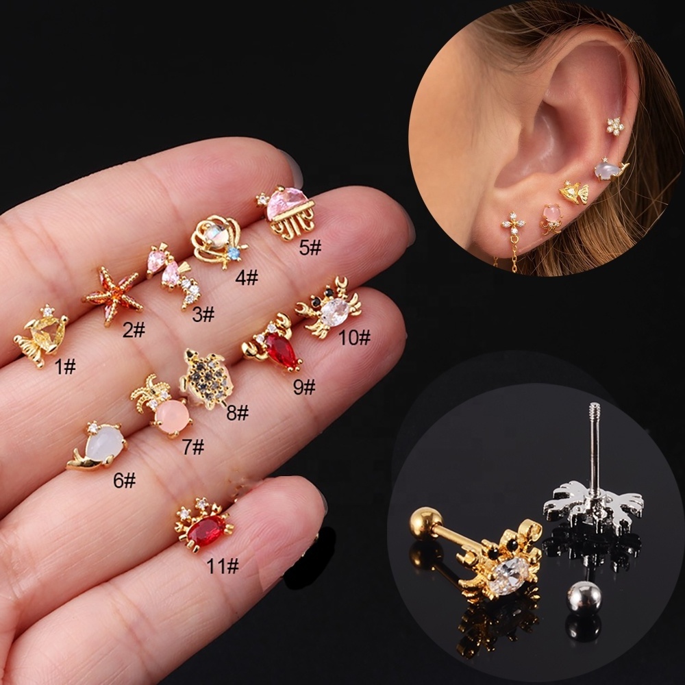 Summer Women Ocean Series Cz Zircon Cartilage Helix Steel Earring Cute Animals Ear Studs Body Piercing Jewelry 20G Wholesale