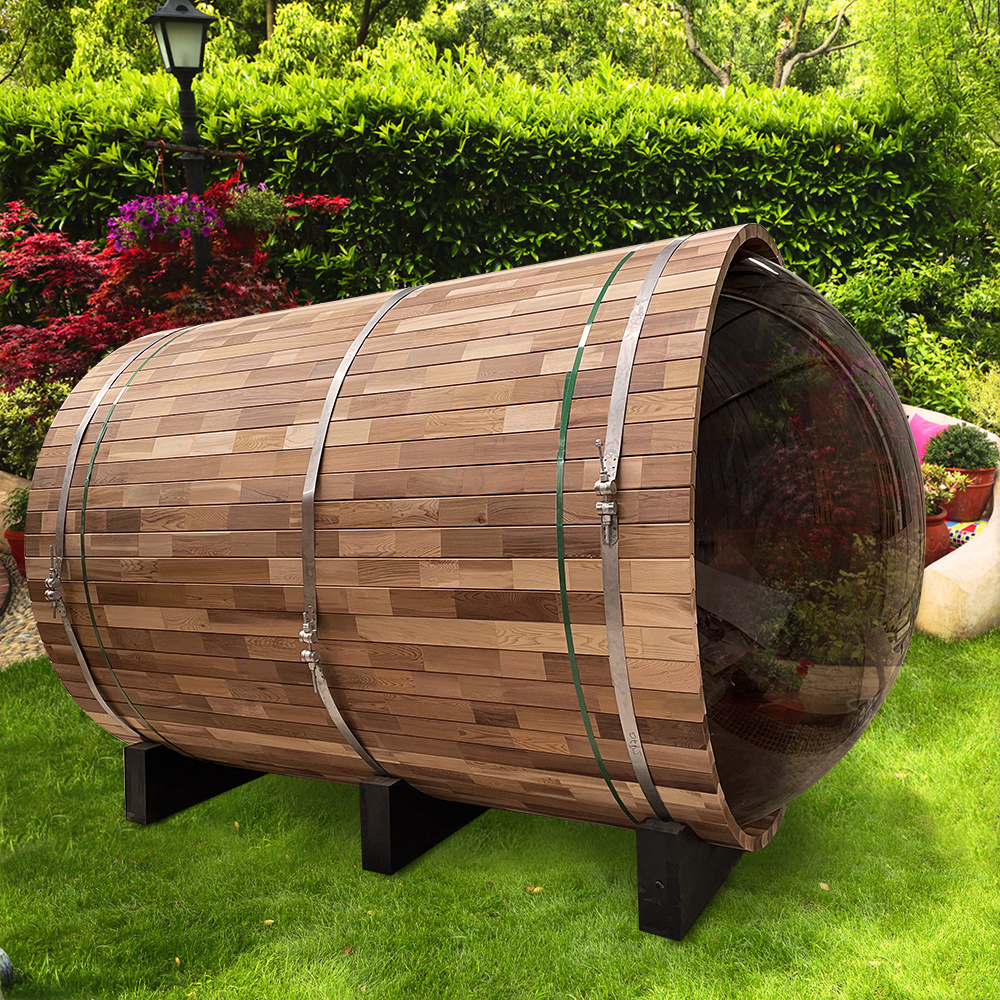 Factory New design Red cedar Outdoor wooden Brown Full Panoramic View Panorama barrel sauna for sale