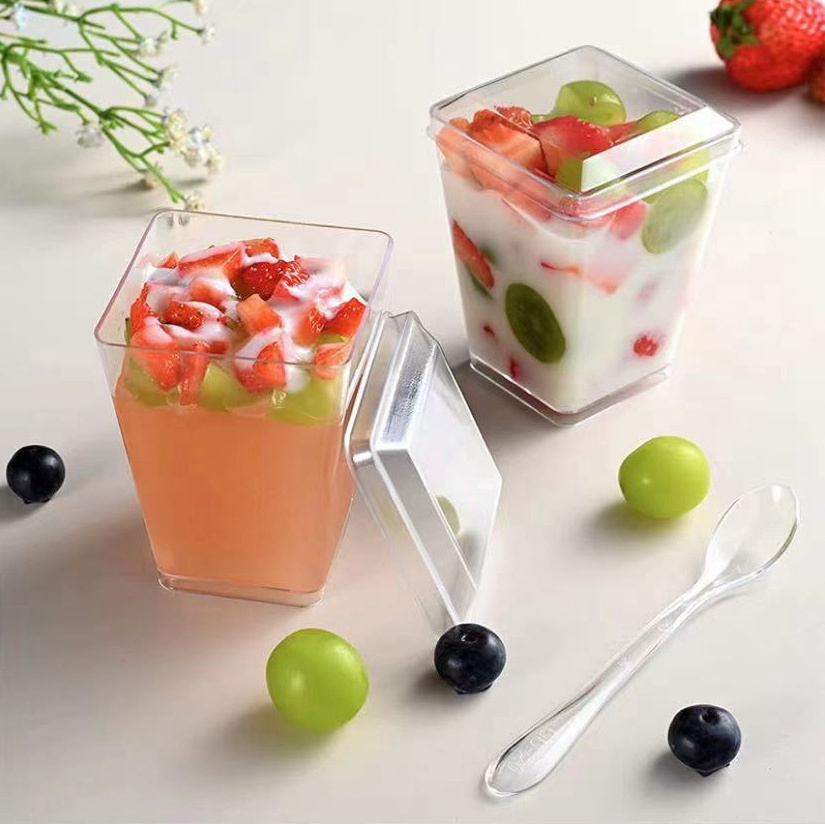 Wholesale Transparent Square Shaped Mousse Cup Plastic Dessert Cup with lid Acrylic dessert container