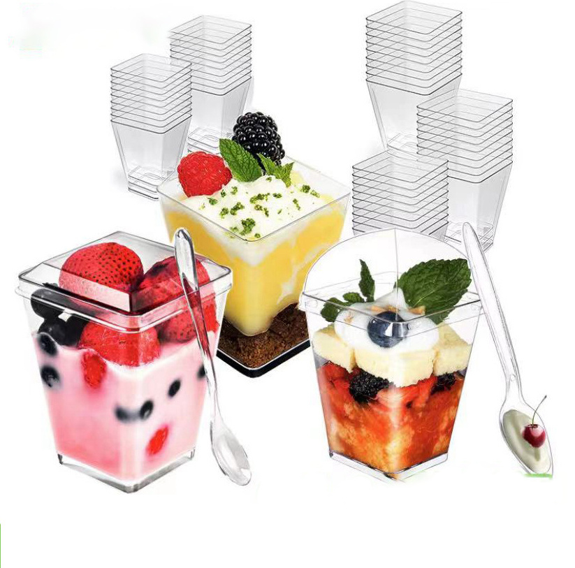 Wholesale Transparent Square Shaped Mousse Cup Plastic Dessert Cup with lid Acrylic dessert container