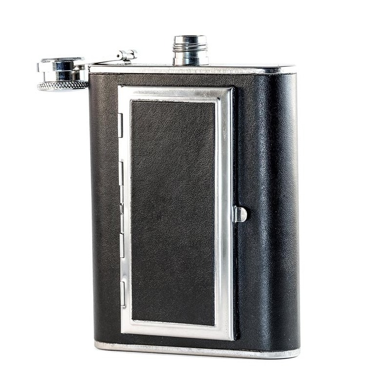 5OZ PU Leather Wrapped Stainless Steel Flask Liquor Alcohol Bottle Holder with Built-in Cigar Case and Funnel Set for Man Woman