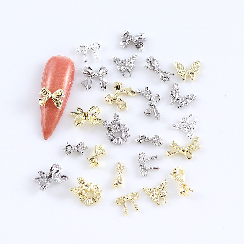 Wholesale In Bulk Gold Silver Bowtie Ribbon Butterfly 3D Alloy Nail Art Jewelry Metal Nail Charms Bows