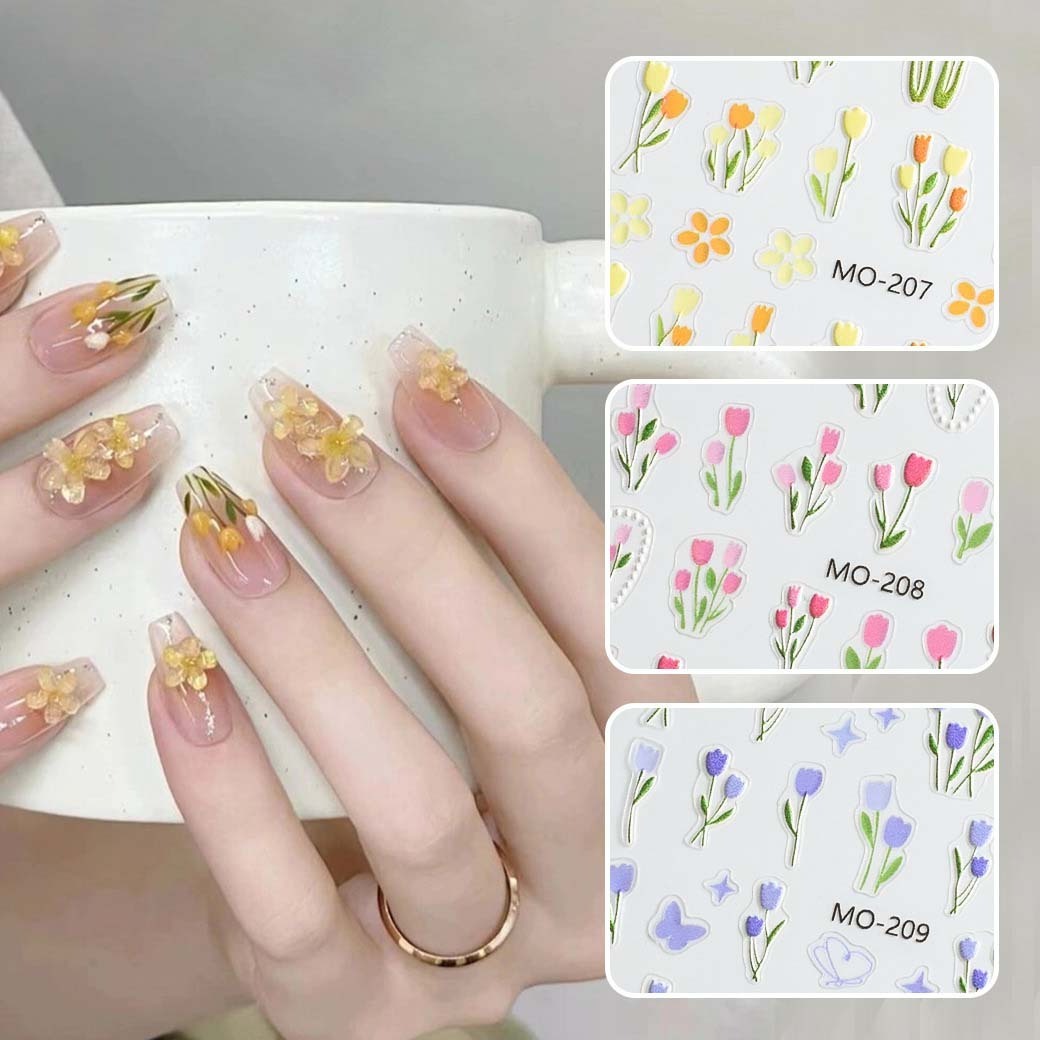 Wholesale Self Adhesive Embossed Daisy Sunflower Tulip Sticker Charms Nail Art Stickers Decals 3d Flower