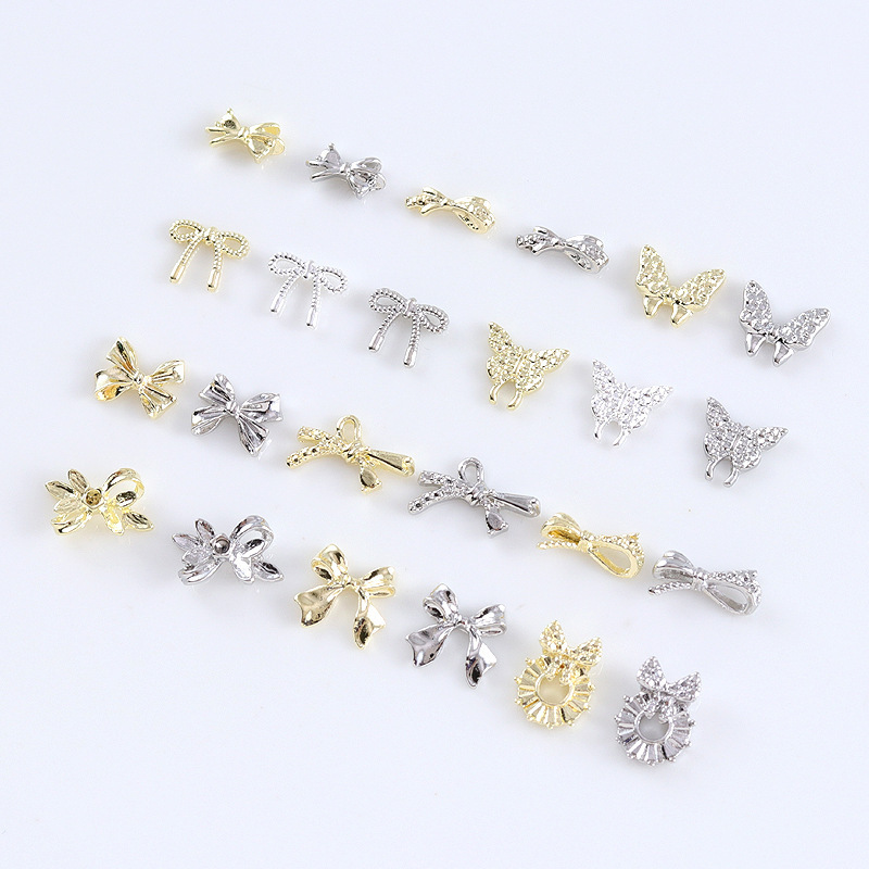 Wholesale In Bulk Gold Silver Bowtie Ribbon Butterfly 3D Alloy Nail Art Jewelry Metal Nail Charms Bows