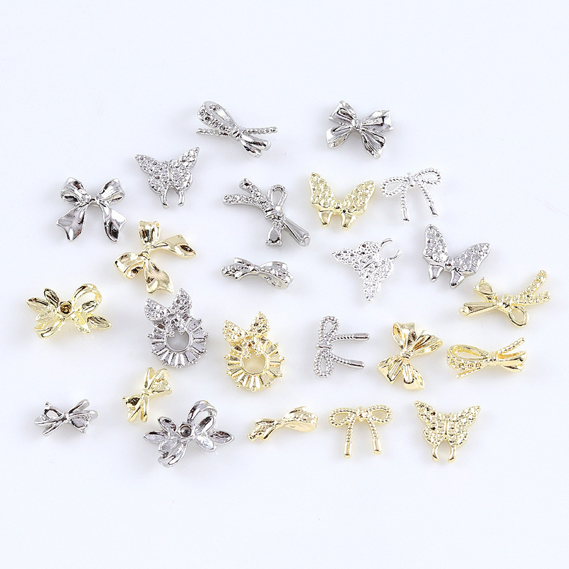 Wholesale In Bulk Gold Silver Bowtie Ribbon Butterfly 3D Alloy Nail Art Jewelry Metal Nail Charms Bows