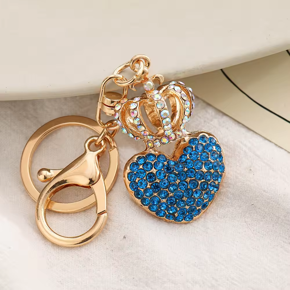 Crystal Rhinestone Crown Keychain Heart key rings Crown Love Crystal Keychain metal Key Chains Bag charm pendant diamond keyring