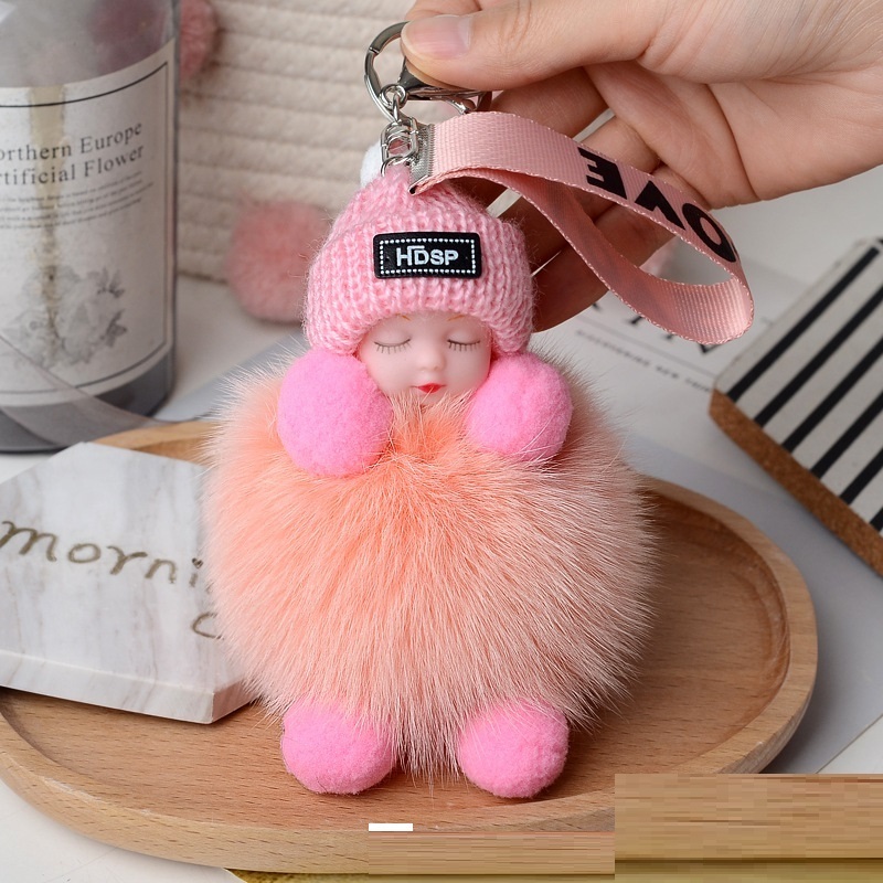 HOT Cute Sleeping Baby Doll Keychain Pom pom Rabbit Fur Ball Key Chain Fluffy Car Key ring Bag Charm Gift Plush Fur Key chains