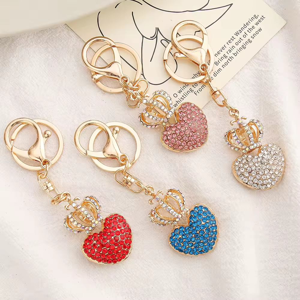 Crystal Rhinestone Crown Keychain Heart key rings Crown Love Crystal Keychain metal Key Chains Bag charm pendant diamond keyring