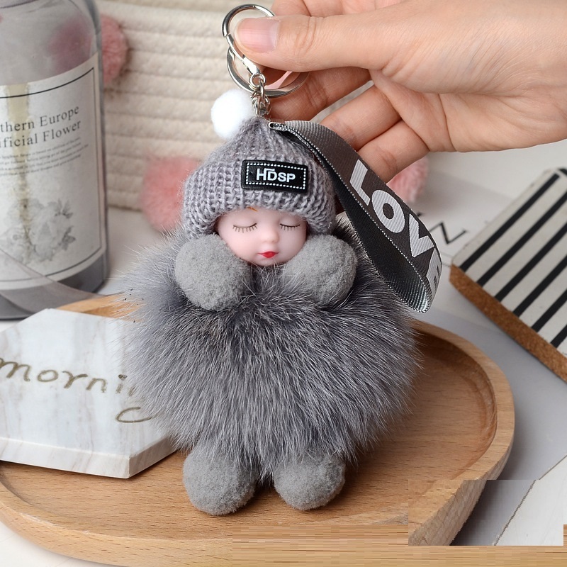 HOT Cute Sleeping Baby Doll Keychain Pom pom Rabbit Fur Ball Key Chain Fluffy Car Key ring Bag Charm Gift Plush Fur Key chains