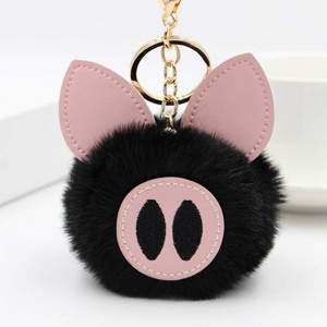 Cartoon 8cm Pig fluffy KeyChain Faux Rabbit Fur Ball Car Bag Key Rings Plush Pompom Pig Key Chains bag charm accessories pendant