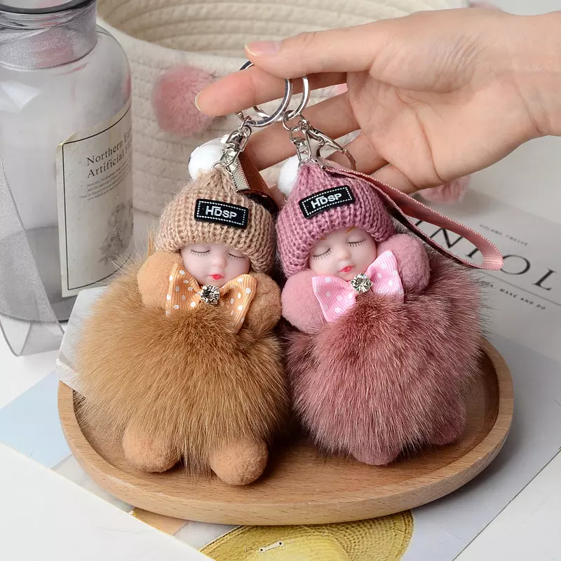 HOT Cute Sleeping Baby Doll Keychain Pom pom Rabbit Fur Ball Key Chain Fluffy Car Key ring Bag Charm Gift Plush Fur Key chains