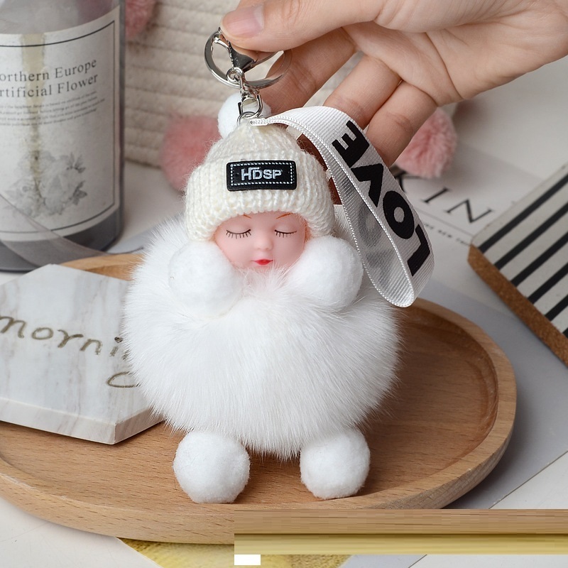 HOT Cute Sleeping Baby Doll Keychain Pom pom Rabbit Fur Ball Key Chain Fluffy Car Key ring Bag Charm Gift Plush Fur Key chains