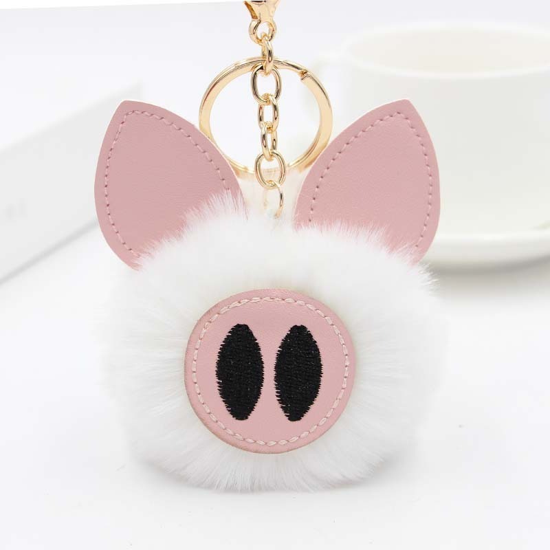 Cartoon 8cm Pig fluffy KeyChain Faux Rabbit Fur Ball Car Bag Key Rings Plush Pompom Pig Key Chains bag charm accessories pendant