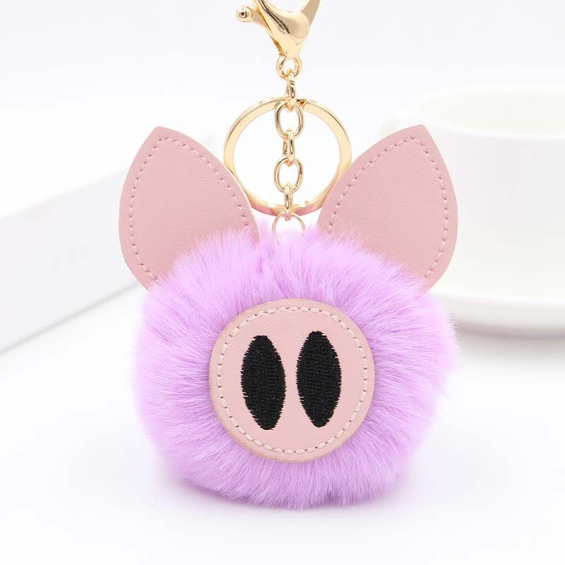 Cartoon 8cm Pig fluffy KeyChain Faux Rabbit Fur Ball Car Bag Key Rings Plush Pompom Pig Key Chains bag charm accessories pendant