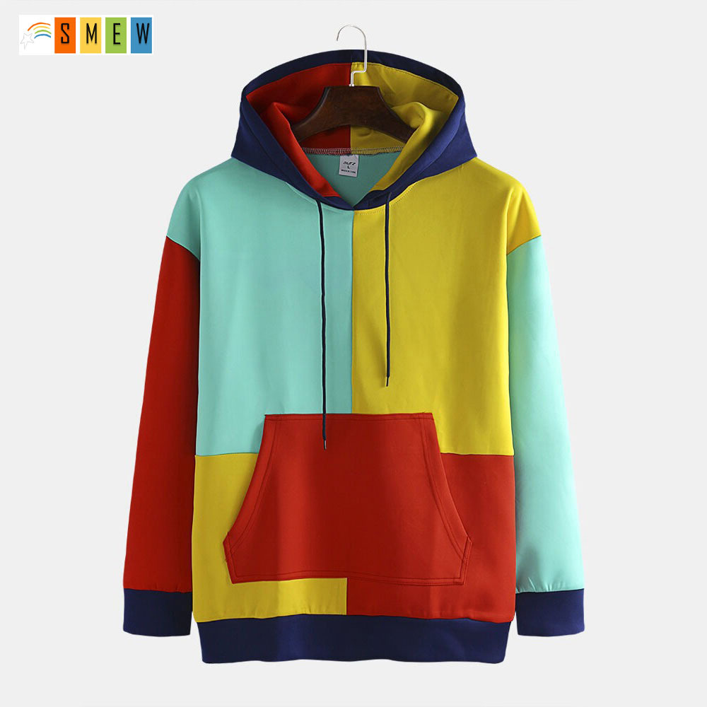 Mens Casual Colorblock Panel Streetwear Kangaroo Pockets Hoodies