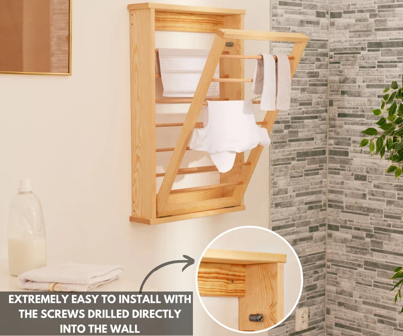 Double Side Bars foldable hanger drying Clothes Airer rack clothes bamboo wood wall mounted drying rack For Laundry