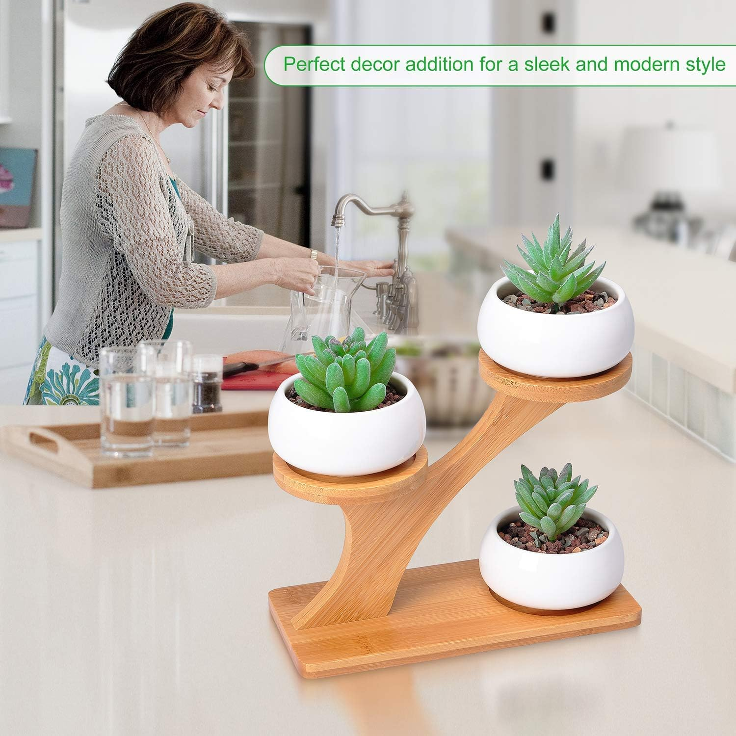 indoor home garden Cute Succulent ladder flower pot 3 tier Tabletop shelf rack wood bamboo tree shape small plant stand